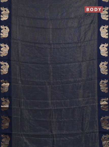 Semi mysore silk saree peacock blue with allover small zari checked pattern and zari woven elephant butta border