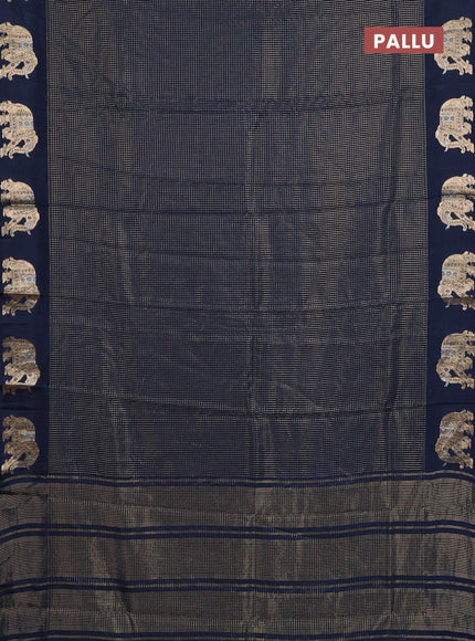 Semi mysore silk saree peacock blue with allover small zari checked pattern and zari woven elephant butta border