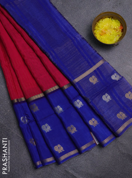 Semi mysore silk saree pink and blue with allover zari stripe pattern and long zari woven butta border