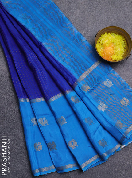 Semi mysore silk saree blue and cs blue with allover zari stripe pattern and long zari woven butta border