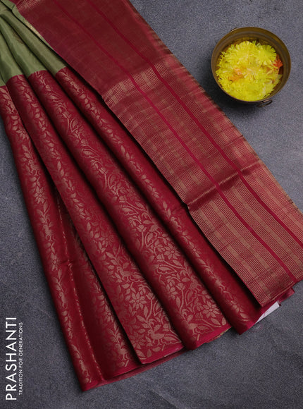 Semi mysore silk saree pastel green and pink with half & half style and long zari woven border