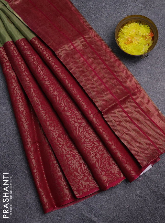 Semi mysore silk saree pastel green and pink with half & half style and long zari woven border
