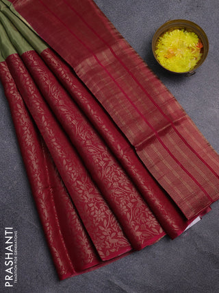 Semi mysore silk saree pastel green and pink with half & half style and long zari woven border