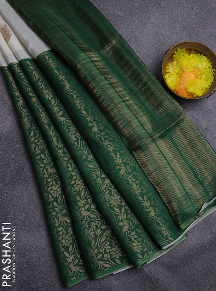 Semi mysore silk saree off white and green with half & half style and long zari woven border