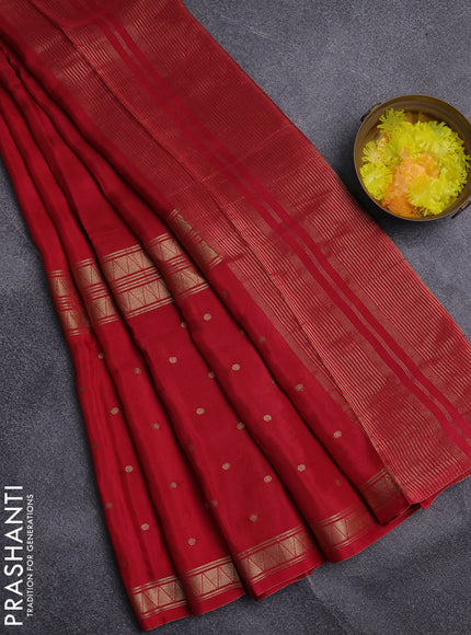Semi mysore silk saree red and bottle green with palin body and long zari woven butta border