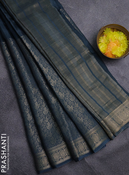 Semi mysore silk saree dark peacock green and yellow with palin body and long zari woven brocade border