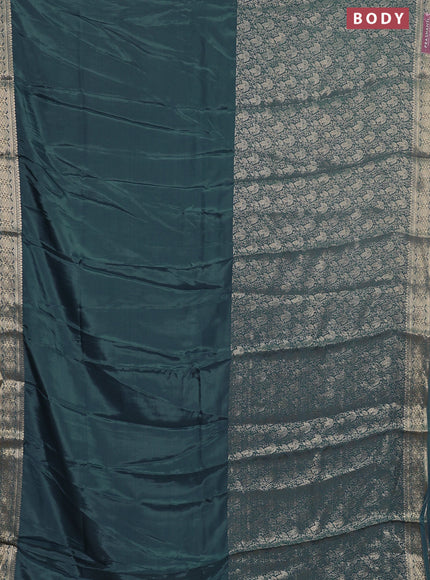 Semi mysore silk saree dark peacock green and yellow with palin body and long zari woven brocade border