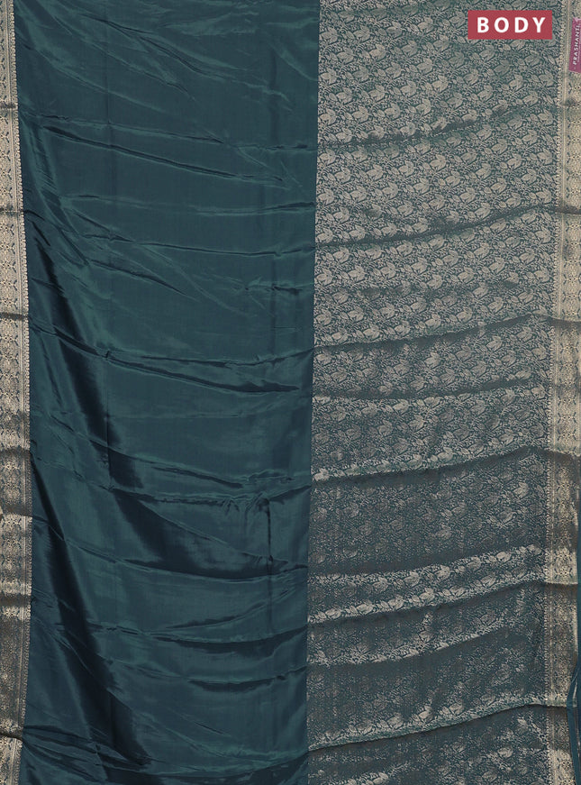 Semi mysore silk saree dark peacock green and yellow with palin body and long zari woven brocade border