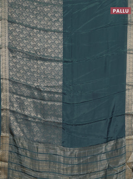 Semi mysore silk saree dark peacock green and yellow with palin body and long zari woven brocade border