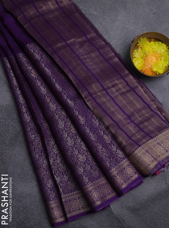 Semi mysore silk saree violet and pink with palin body and long zari woven brocade border