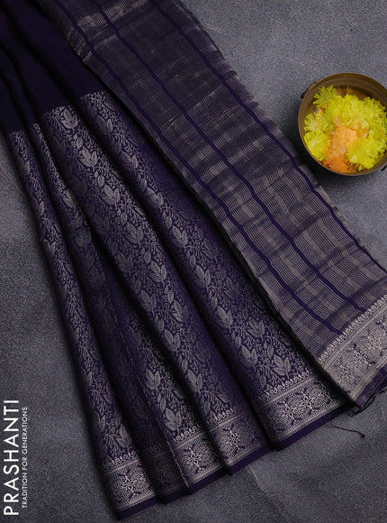 Semi mysore silk saree dark blue and pink with palin body and long zari woven brocade border