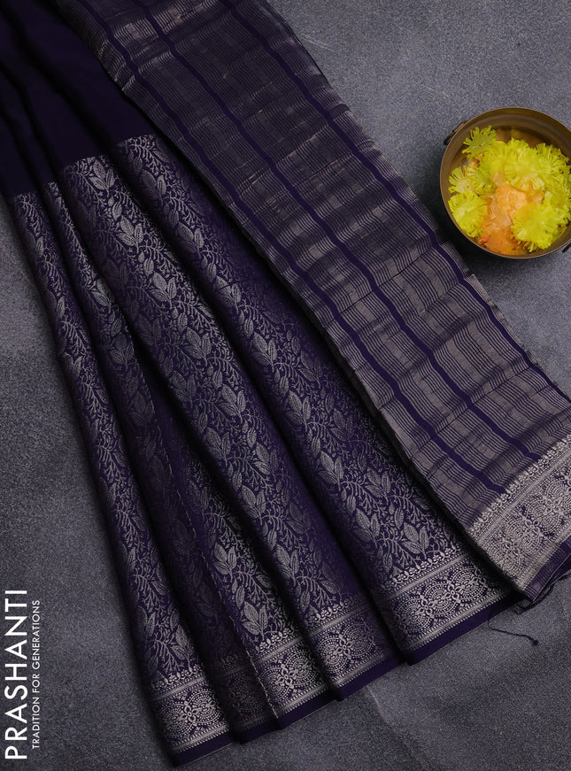Semi mysore silk saree dark blue and pink with palin body and long zari woven brocade border
