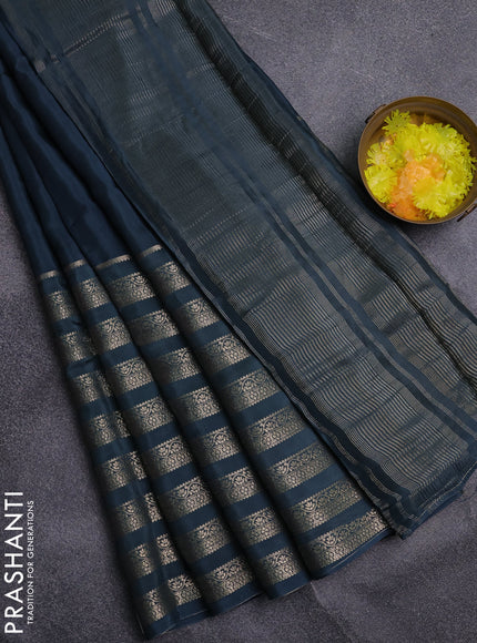 Semi mysore silk saree peacock green and yellow with palin body and long zari woven border