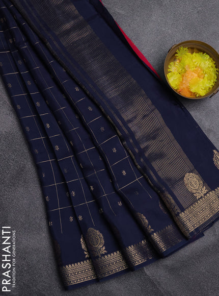 Semi mysore silk saree navy blue and pink with allover zari checks & buttas and zari woven border