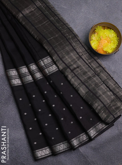 Semi mysore silk saree black and rust shade with allover zari woven buttas and zari woven border