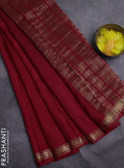 Semi mysore silk saree red and bottle green with plain body and zari woven border
