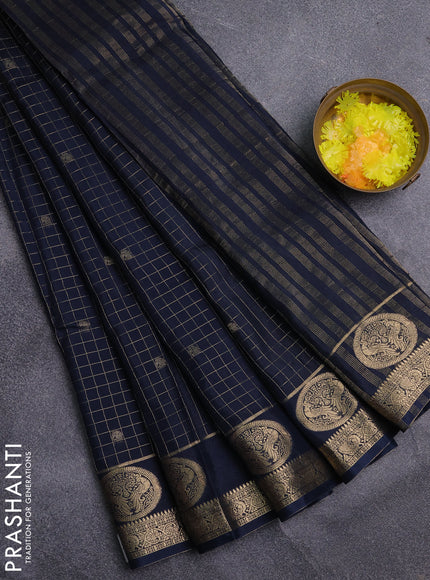 Semi mysore silk saree peacock blue and yellow with allover zari checks & buttas and zari woven butta border