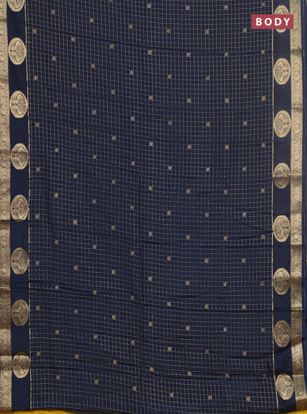 Semi mysore silk saree peacock blue and yellow with allover zari checks & buttas and zari woven butta border