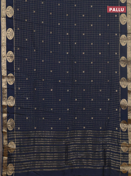 Semi mysore silk saree peacock blue and yellow with allover zari checks & buttas and zari woven butta border