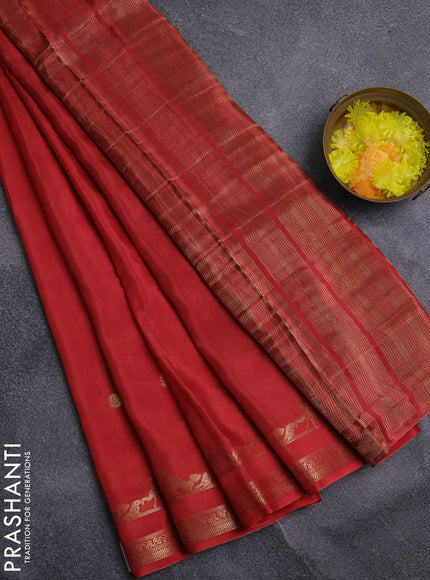 Semi mysore silk saree red and violet with zari woven buttas and zari woven border