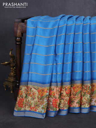 Art chiffon saree blue and sandal with allover zari stripe pattern and zari woven printed borded