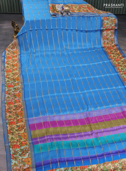 Art chiffon saree blue and sandal with allover zari stripe pattern and zari woven printed borded