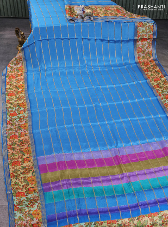 Art chiffon saree blue and sandal with allover zari stripe pattern and zari woven printed borded