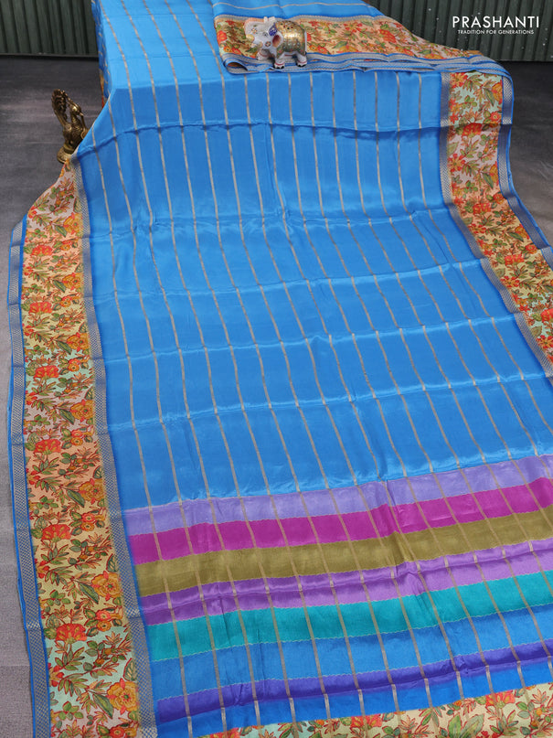 Art chiffon saree blue and sandal with allover zari stripe pattern and zari woven printed borded