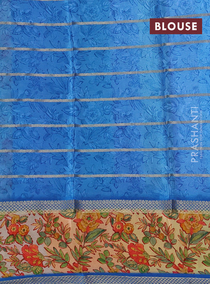 Art chiffon saree blue and sandal with allover zari stripe pattern and zari woven printed borded