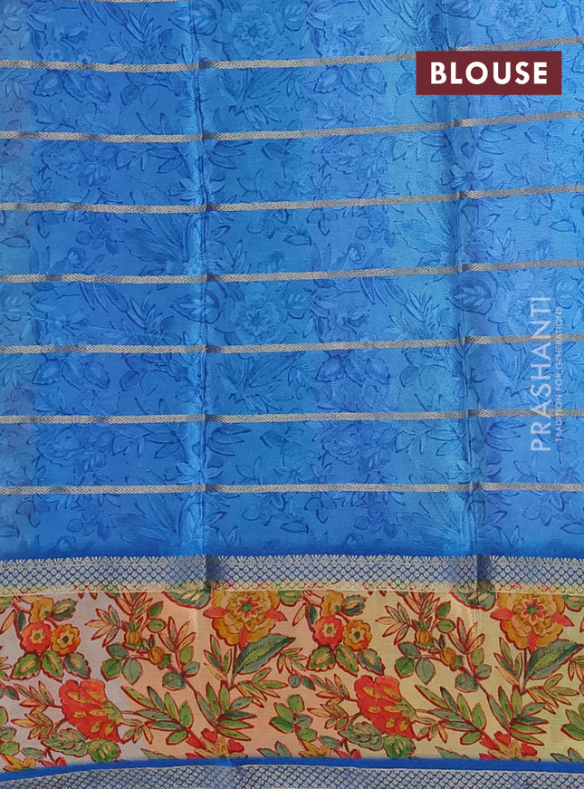 Art chiffon saree blue and sandal with allover zari stripe pattern and zari woven printed borded