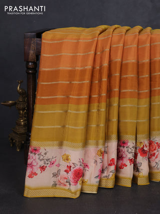 Art chiffon saree multi colour and mustard yellow with allover zari stripe pattern and zari woven printed borded