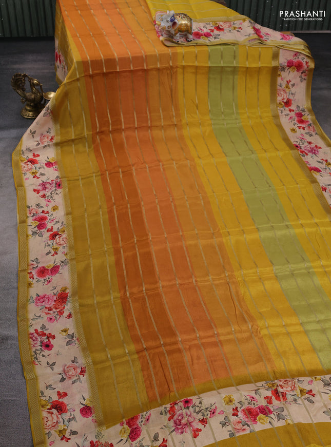 Art chiffon saree multi colour and mustard yellow with allover zari stripe pattern and zari woven printed borded