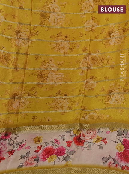 Art chiffon saree multi colour and mustard yellow with allover zari stripe pattern and zari woven printed borded