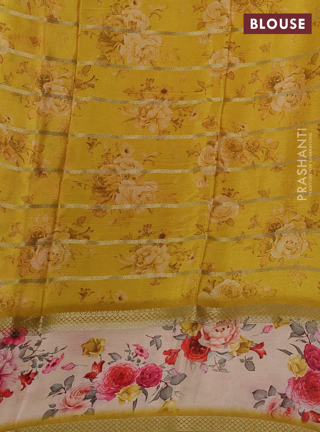 Art chiffon saree multi colour and mustard yellow with allover zari stripe pattern and zari woven printed borded