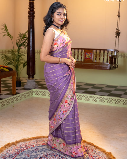 Art chiffon saree pastel purple and lavender with allover zari stripe pattern and zari woven printed borded