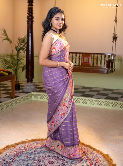 Art chiffon saree pastel purple and lavender with allover zari stripe pattern and zari woven printed borded