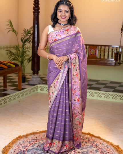 Art chiffon saree pastel purple and lavender with allover zari stripe pattern and zari woven printed borded
