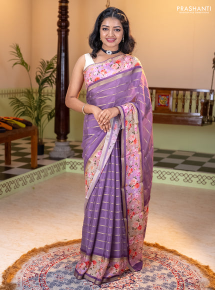 Art chiffon saree pastel purple and lavender with allover zari stripe pattern and zari woven printed borded