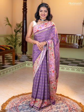 Art chiffon saree pastel purple and lavender with allover zari stripe pattern and zari woven printed borded
