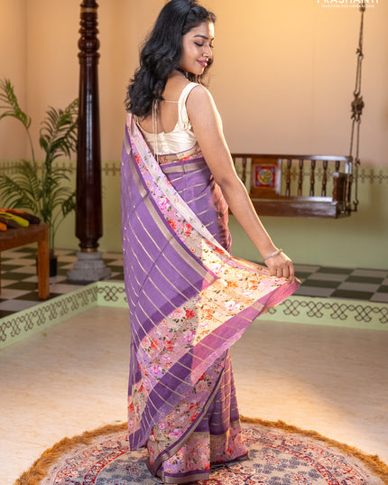 Art chiffon saree pastel purple and lavender with allover zari stripe pattern and zari woven printed borded
