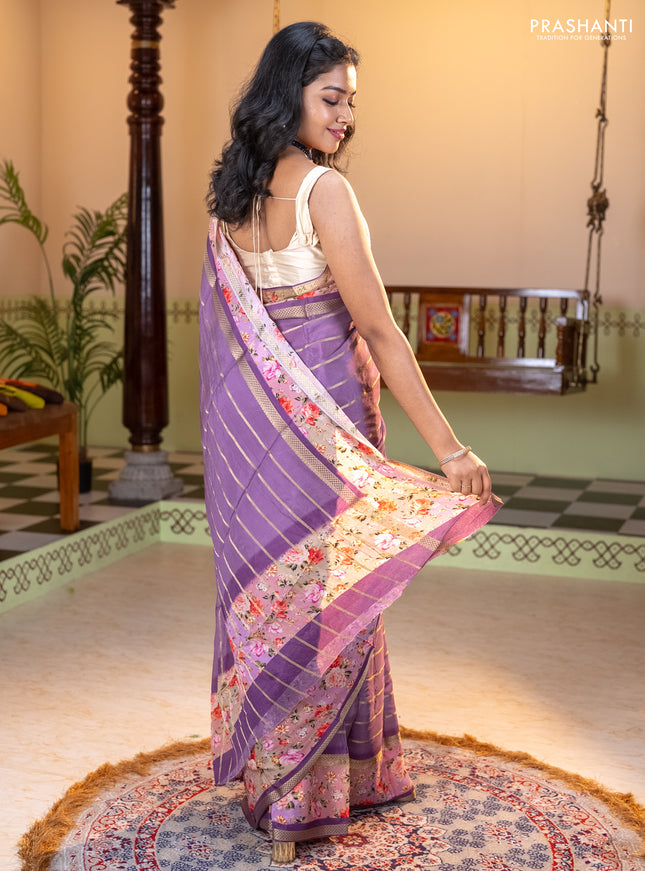 Art chiffon saree pastel purple and lavender with allover zari stripe pattern and zari woven printed borded