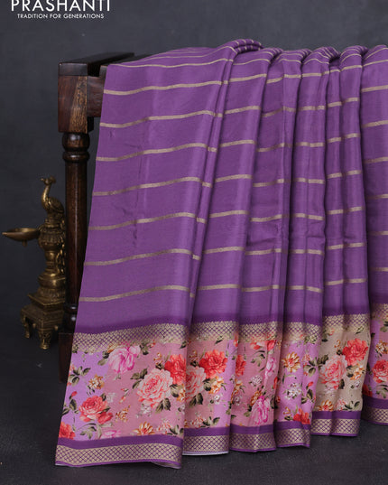 Art chiffon saree pastel purple and lavender with allover zari stripe pattern and zari woven printed borded