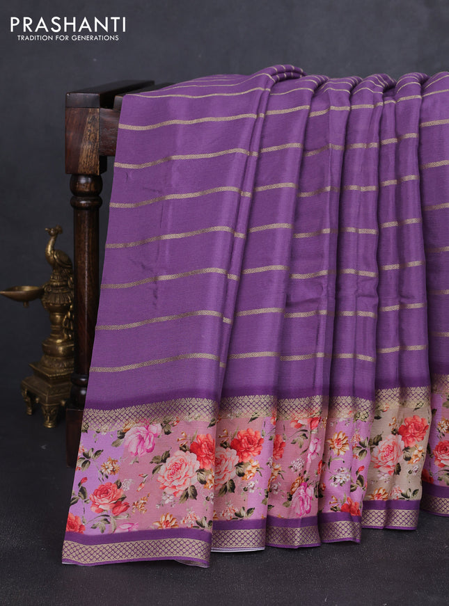 Art chiffon saree pastel purple and lavender with allover zari stripe pattern and zari woven printed borded