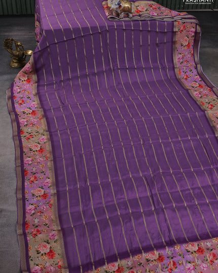 Art chiffon saree pastel purple and lavender with allover zari stripe pattern and zari woven printed borded