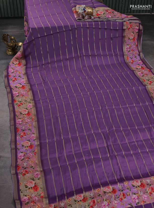 Art chiffon saree pastel purple and lavender with allover zari stripe pattern and zari woven printed borded