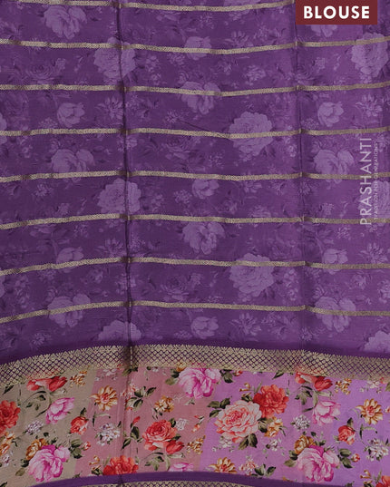Art chiffon saree pastel purple and lavender with allover zari stripe pattern and zari woven printed borded