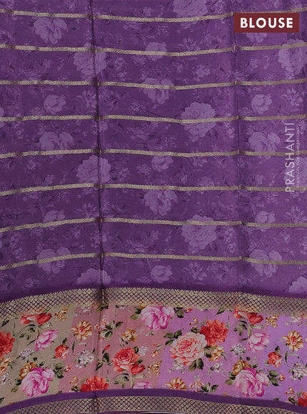 Art chiffon saree pastel purple and lavender with allover zari stripe pattern and zari woven printed borded