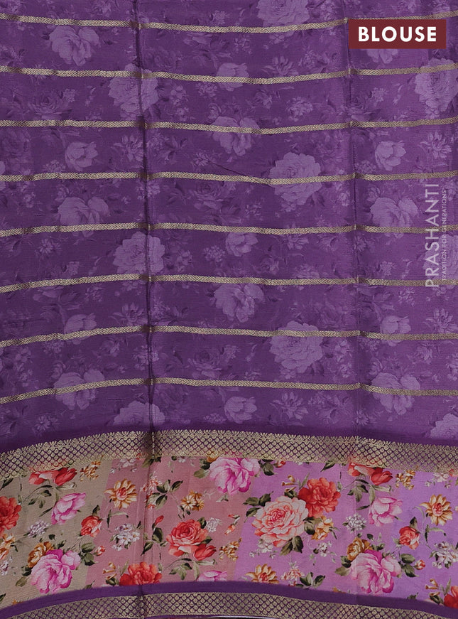 Art chiffon saree pastel purple and lavender with allover zari stripe pattern and zari woven printed borded