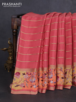 Art chiffon saree dark peach and orange with allover zari stripe pattern and zari woven printed borded