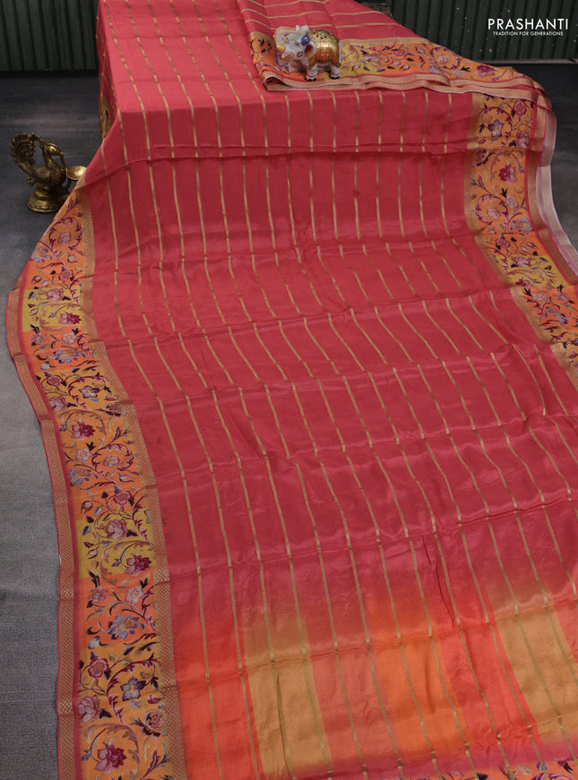 Art chiffon saree dark peach and orange with allover zari stripe pattern and zari woven printed borded